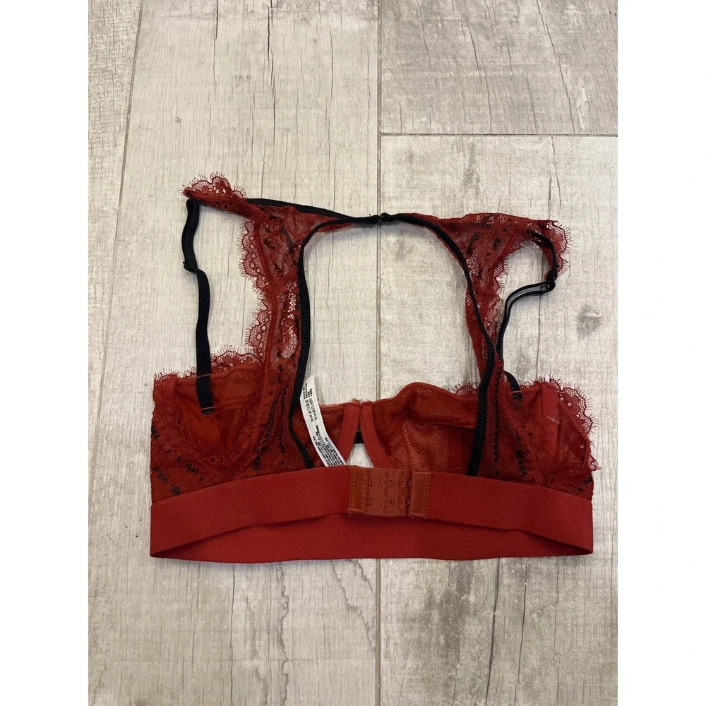 Free People Intimately Lace Balconette Underwire Bra Rust Red Black 32D